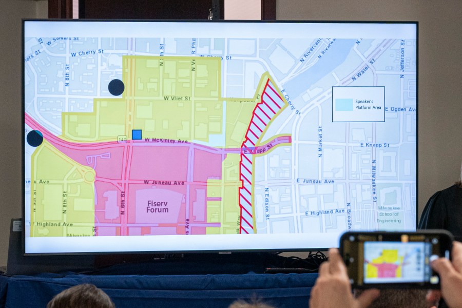 The U.S. Secret Service released maps Friday, June 21, 2024, showing the parade route and protest zones that will be allowed during the Republican National Convention held in Milwaukee next month. (AP Photo/Andy Manis)