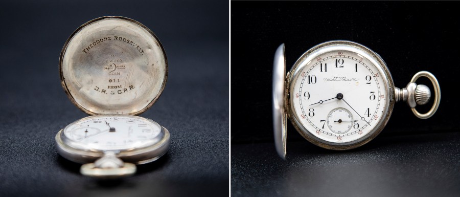 These photos, provided by the National Parks Service, show Theodore Roosevelt's favorite pocket watch that was stolen in July 1987 while on display in Buffalo, NY. The watch turned up at an auction house and was returned this week to the Sagamore Hill national historic site in New York. (Jason Wickersty/National Park Service via AP)