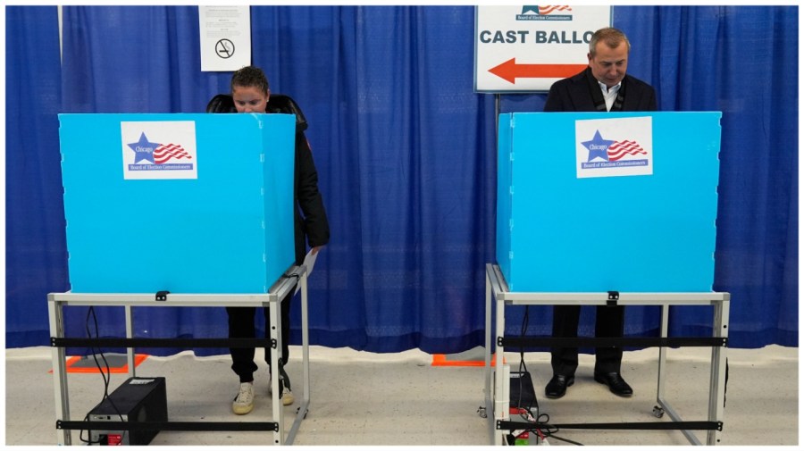 Two voters use private booths to cast ballots.