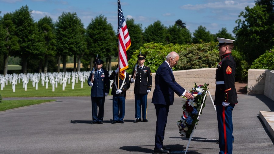 U.S. President Joe Biden attends a wreath laying ceremony at the Aisne-Marne American World War One Cemetery in Belleau, France, Sunday, June 9, 2024. (AP Photo/Evan Vucci)