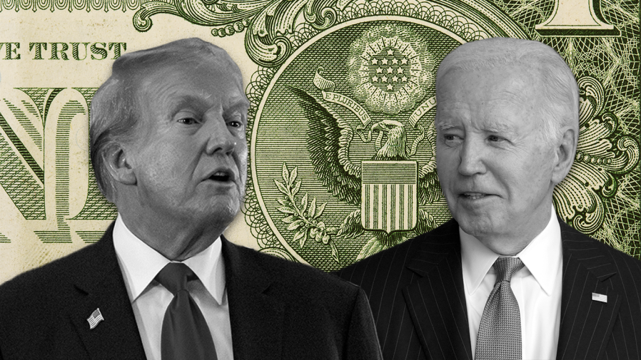 Former President Trump and President Biden appear superimposed over a green background showing a close-up of an American dollar bill.