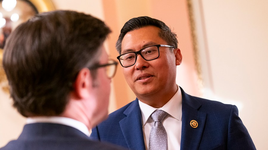 Rep. Vince Fong (R-Calif.) talks with Speaker Mike Johnson (R-La.)