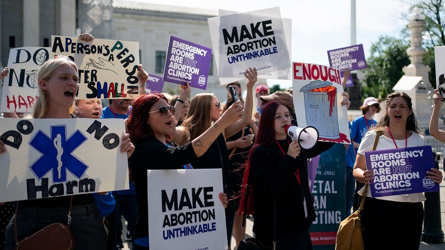 Supporters against abortion are seen outside the Supreme Court