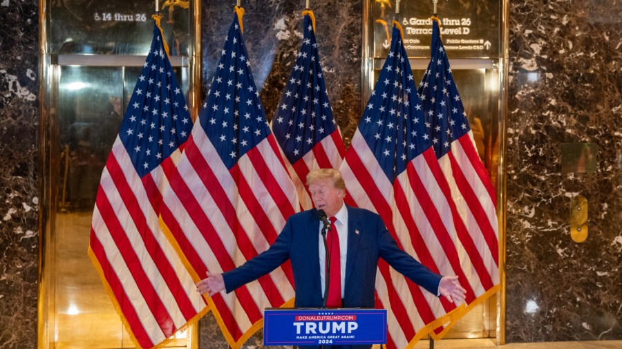 Former President and Republican Presidential candidate Donald Trump speaks during a press conference at Trump Tower on May 31, 2024 in New York City.