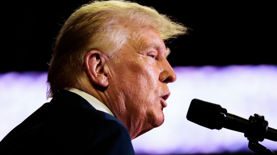 Former US President Donald Trump speaks during a campaign event at the Liacouras Center at Temple University in Philadelphia, Pennsylvania, US, on Saturday, June 22, 2024. Trump's fundraising surge, which threatens to overwhelm President Joe Biden's carefully stockpiled cash advantage, was powered largely by an explosion of online donations immediately following his felony convictions. Photographer: (Hannah Beier/Bloomberg via Getty Images)