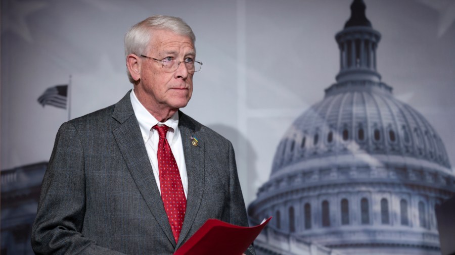 Senate Armed Services Committee Ranking Member Roger Wicker, R-Miss., meets with reporters during a news conference at the Capitol in Washington, Jan. 11, 2024. The top Republican on a Senate committee that oversees the U.S. military is making an argument for aggressively increasing defense spending over negotiated spending caps.