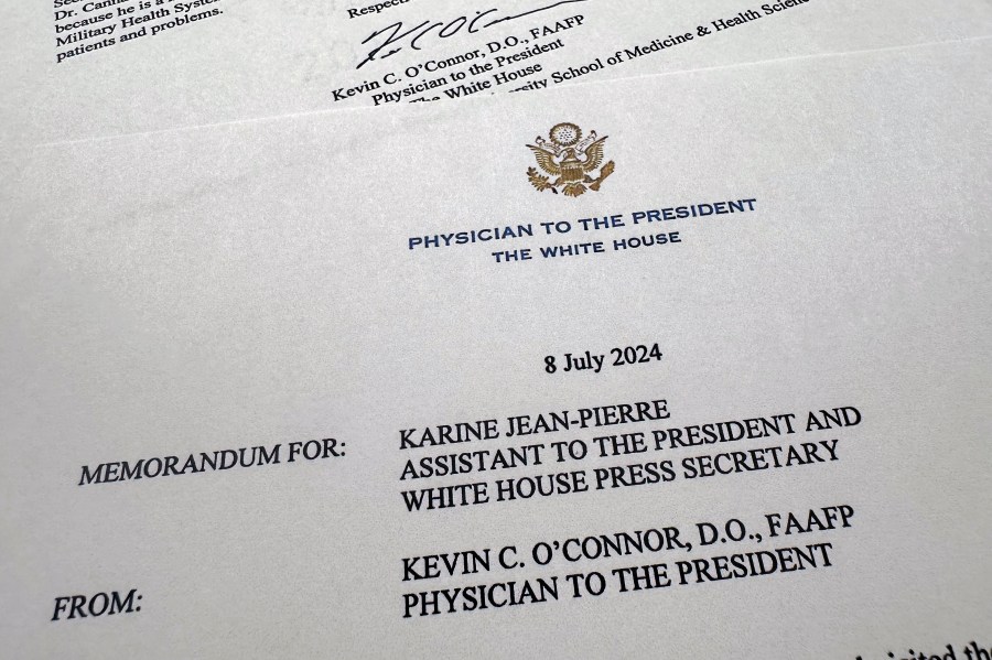 The memorandum released by the White House from President Joe Biden's physician Kevin C. O'Connor to White House press secretary Karine Jean-Pierre is photographed Monday, July 8, 2024, in Washington. Political opponents, armchair pundits and even nervous supporters are demanding that President Joe Biden undergo cognitive testing after his dismal debate performance – even though his physician says he gets, and passes, an annual neurologic exam. (AP Photo/Jon Elswick)