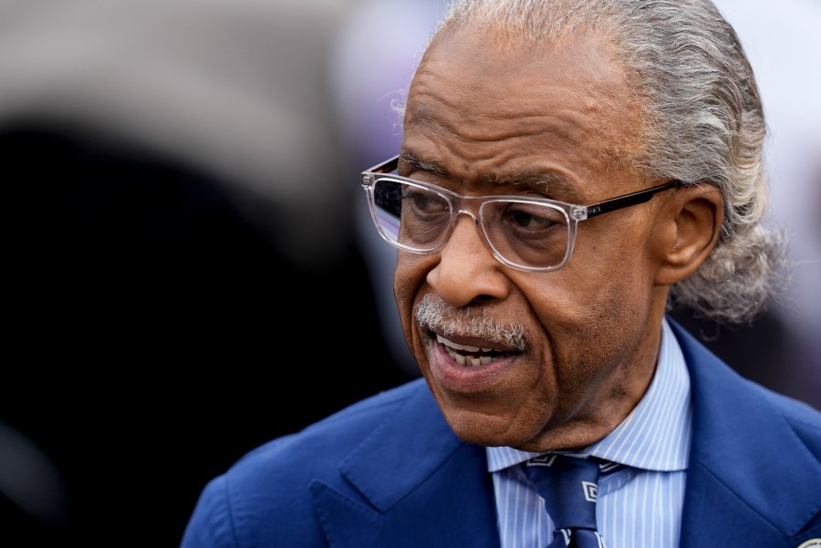 FILE - Al Sharpton waits for Vice President Kamala Harris to speak before walking across the Edmund Pettus Bridge commemorating the 59th anniversary of the Bloody Sunday voting rights march in 1965, March 3, 2024, in Selma, Ala. Sharpton, who serves on the U.S. Commission on Civil Rights, said in a news release Tuesday, July 9, that he'll speak Thursday, July 11, at the funeral of Dvontaye Mitchell, a Black man who died after a confrontation with hotel security guards last month. (AP Photo/Mike Stewart, File)