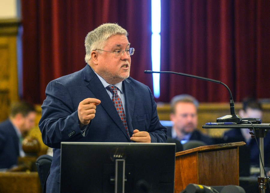 FILE - West Virginia Attorney General Patrick Morrisey presents opening arguments during a trial, April 4, 2022, in Charleston, W.Va. On Thursday, July 11, 2024, Morrisey announced that the state is appealing a case to the U.S. Supreme Court over a transgender middle school athlete's right to compete. (Kenny Kemp/Charleston Gazette-Mail via AP, File)