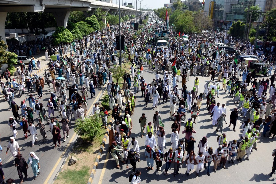 Thousands of supporters of the religious party Tehreek-e-Labbaik Pakistan (TLP) take part in a rally in solidarity with Palestinian people in Gaza, in Rawalpindi, Pakistan, Saturday, July 13, 2024. (AP Photo/W.K. Yousafzai)