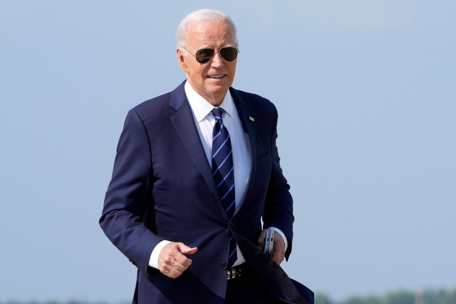 President Joe Biden walks over to speak with reporters at Andrews Air Force Base, Md., Monday, July 15, 2024. as he heads to Las Vegas. (AP Photo/Susan Walsh)