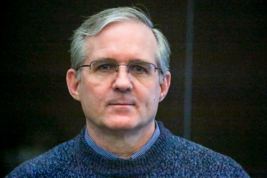 FILE - Paul Whelan, a former U.S. Marine who was arrested on espionage charges, listens to the verdict in court in Moscow, Russia, June 15, 2020. The U.S. Ambassador told Russia’s foreign minister on Tuesday that President Vladimir Putin should release detained Americans, singling out Whelan and journalist Evan Gershkovich and accusing the Russian leader of continuing to treat “human beings as bargaining chips.” (Sofia Sandurskaya/Moscow News Agency via AP, File)