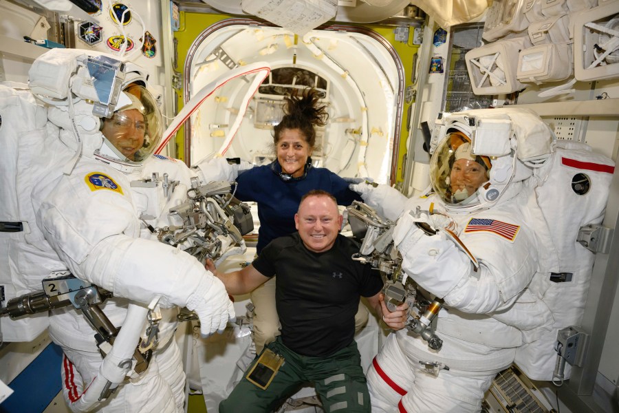 FILE - In this photo provided by NASA, Boeing Crew Flight Test astronauts Suni Williams and Butch Wilmore, center, pose with Expedition 71 Flight Engineers Mike Barratt, left, and Tracy Dyson, aboard the International Space Station's Quest airlock on June 24, 2024. Officials said Thursday, July 18, there’s still no return date for Williams and Wilmore, who have been at the International Space Station since June 6. (NASA via AP, File)