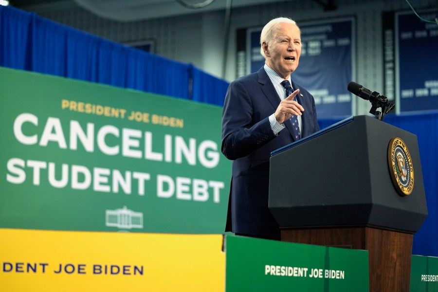 FILE - President Joe Biden speaks about student loan debt, April 8, 2024, in Madison, Wis. A federal appeals court has blocked the implementation of the Biden administration's student debt relief plan, which would have lowered monthly payments for millions of borrowers. In a ruling Thursday, July 18, the 8th Circuit Court of Appeals granted a request by a group of Republican-led states seeking to invalidate the administration's entire loan forgiveness program. (AP Photo/Evan Vucci, File)