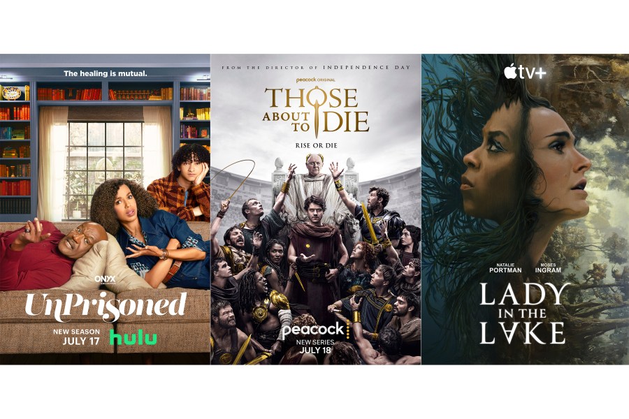 This combination of images shows promotional art for "Uprisoned," from left, "Those About to Die," and "Lady in the Lake." (Hulu/Peacock/Apple TV+ via AP)