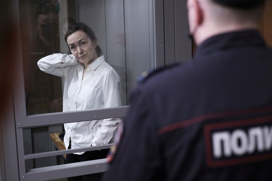 FILE - Alsu Kurmasheva, an editor for the U.S. government-funded Radio Free Europe/Radio Liberty's Tatar-Bashkir service, attends a court hearing in Kazan, Russia on April 1, 2024. A Russian court has convicted Kurmasheva of spreading false information about the Russian army and sentenced her to 6½ years in prison after a secret trial, court records and officials said Monday July 22, 2024. (AP Photo, File)