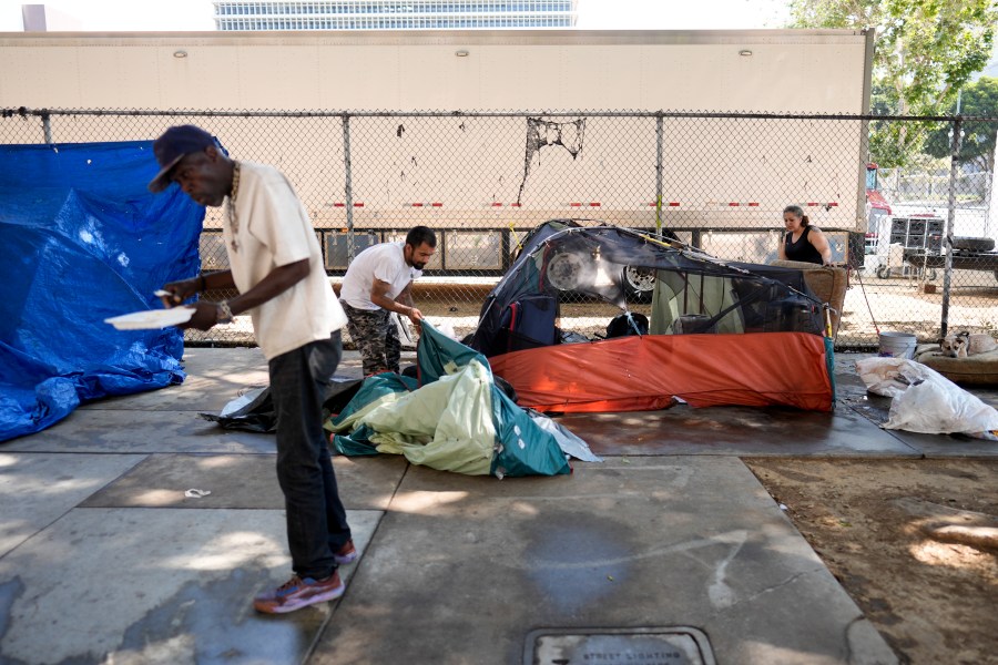 Tents are set up at an encampment Thursday, July 25, 2024, in Los Angeles. California Gov. Gavin Newsom issued an executive order Thursday to direct state agencies on how to remove homeless encampments, a month after a Supreme Court ruling allowing cities to enforce bans on sleeping outside in public spaces. (AP Photo/Jae C. Hong)