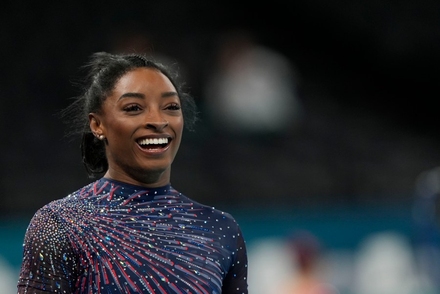 Simone Biles, of the United States, attends a gymnastics training session at Bercy Arena at the Summer Olympics, Thursday, July 25, 2024, in Paris, France. (AP Photo/Francisco Seco)