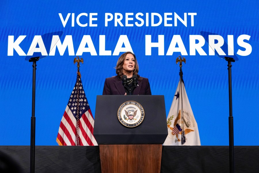 FILE - Vice President Kamala Harris speaks during the American Federation of Teachers' 88th national convention, July 25, 2024, in Houston. Harris appears to have energized Democrats in the early days of her candidacy, according to a new poll from the AP-NORC Center for Public Affairs Research that was conducted after President Joe Biden withdrew from the race. About 8 in 10 Democrats say they would be very or somewhat satisfied if Harris became the Democratic nominee for president. (AP Photo/Tony Gutierrez, file)