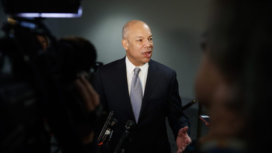 Former Homeland Security Secretary Jeh Johnson speaks to the press.