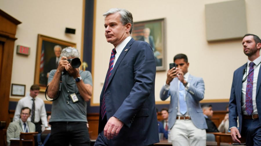 FBI Director Christopher Wray arrives at a House Judiciary Committee hearing on July 24, 2024.