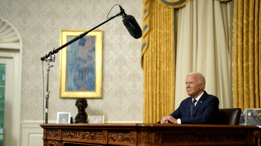 President Biden delivers a prime-time address to the nation in the Oval Office of the White House in Washington July 14, 2024.