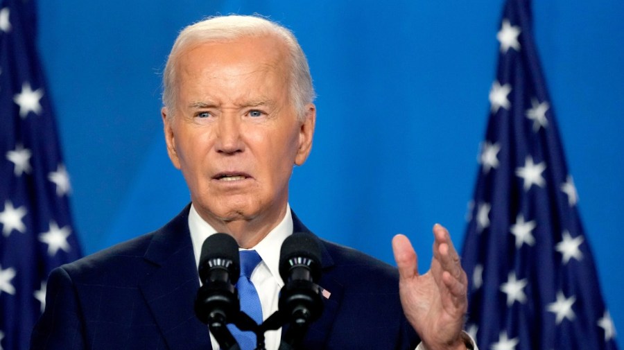 US President Joe Biden at a news conference during the NATO Summit in Washington, DC, US, on Thursday, July 11, 2024. President Joe Biden and NATO's 31 other leaders had hoped their summit would celebrate fresh unity against Russia's Vladimir Putin, send a warning to China and prove the alliance is as strong as ever in its 75th year, but the three days of pageantry will be overshadowed by domestic turmoil across the alliance. Photographer: Chris Kleponis/CNP/Bloomberg via Getty Images