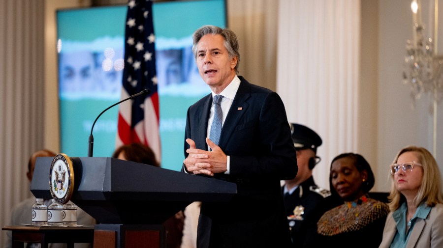 U.S. Secretary of State Antony Blinken speaks at an event to release the State Department's 2024 Trafficking in Persons Report on June 24, 2024 in Washington, DC. During the ceremony Blinken honored the 2024 TIP Report Heroes for their work in combating human trafficking. (Photo by Andrew Harnik/Getty Images)