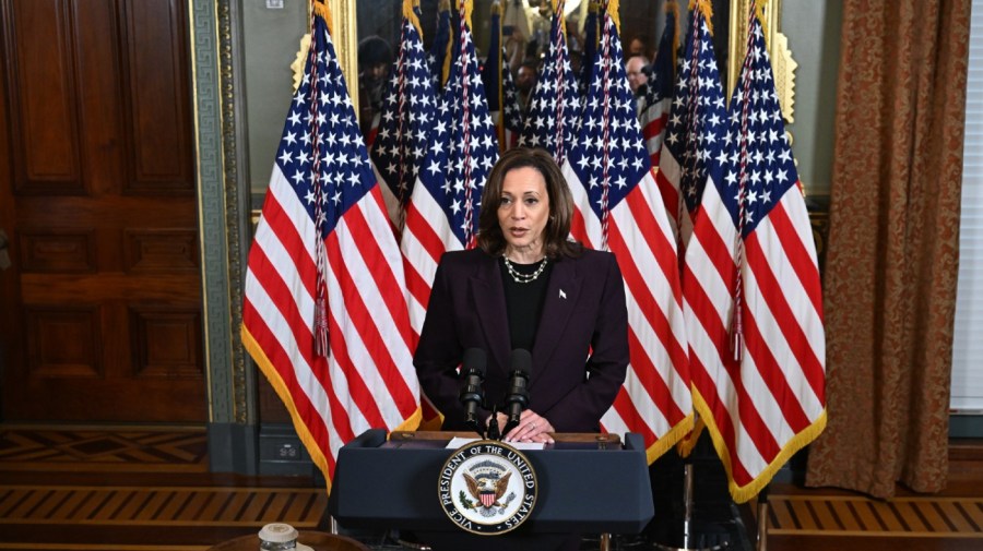 U.S. Vice President Kamala Harris speaks to reporters after meeting with Israeli Prime Minister Benjamin Netanyahu in the Vice President's ceremonial office in the Eisenhower Executive Office Building on July 25, 2024 in Washington, DC. Netanyahu’s visit occurs as the Israel-Hamas war reaches nearly ten months. In addition to meeting with U.S. Vice President Kamala Harris, Netanyahu also met with U.S. President Joe BIden and families of American Hostages held by Hamas. (Photo by Kenny Holston-Pool/Getty Images)