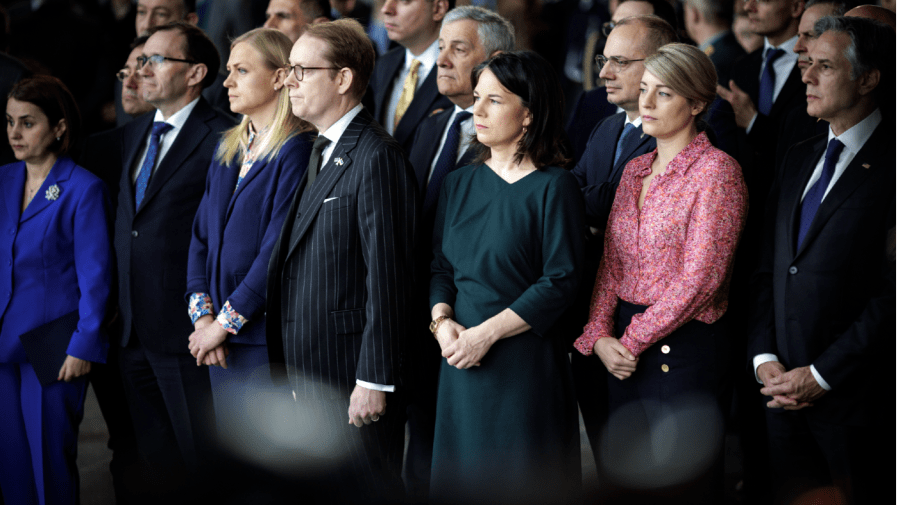 (L-R, front row) Luminita Teodora Odobescu, Minister of Foreign Affairs of Romania, Espen Barth Eide, Minister of Foreign Affairs of Norway, Elina Maria Valtonen, Foreign Minister of Finland, Tobias Billstroem, Foreign Minister of Sweden, Annalena Baerbock,Federal Foreign Minister of Germany, Melanie Joly, Foreign Minister of Canada, and Antony Blinken, US Secretary of State, during the ceremony for NATO's 75th anniversary at NATO headquarters on April 04, 2024 in Brussels, Belgium. (Photo by Janine Schmitz/Photothek via Getty Images)