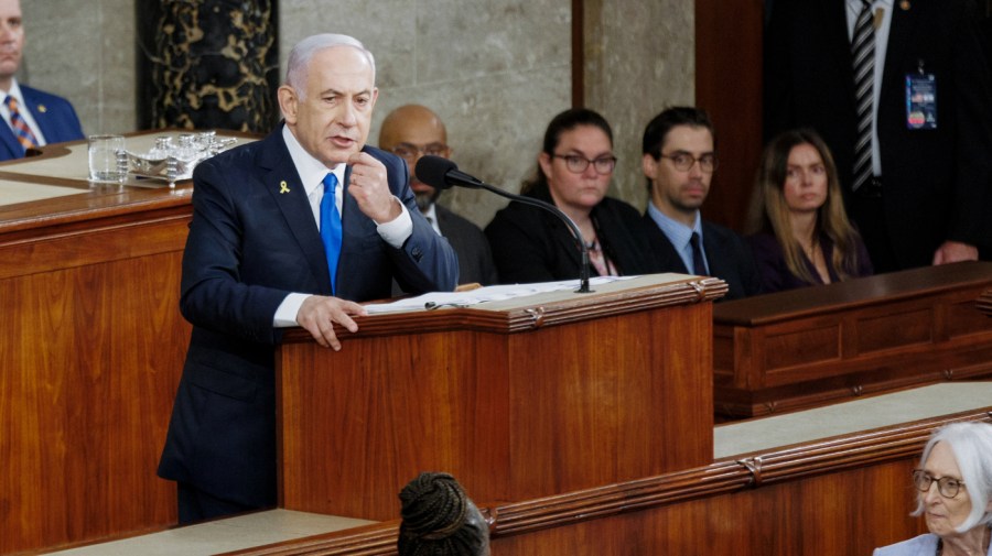 Israeli Prime Minister Benjamin Netanyahu addresses Congress at the U.S. Capitol in Washington, D.C., United States on July 24, 2024. (Photo by Bryan Dozier/Anadolu via Getty Images)