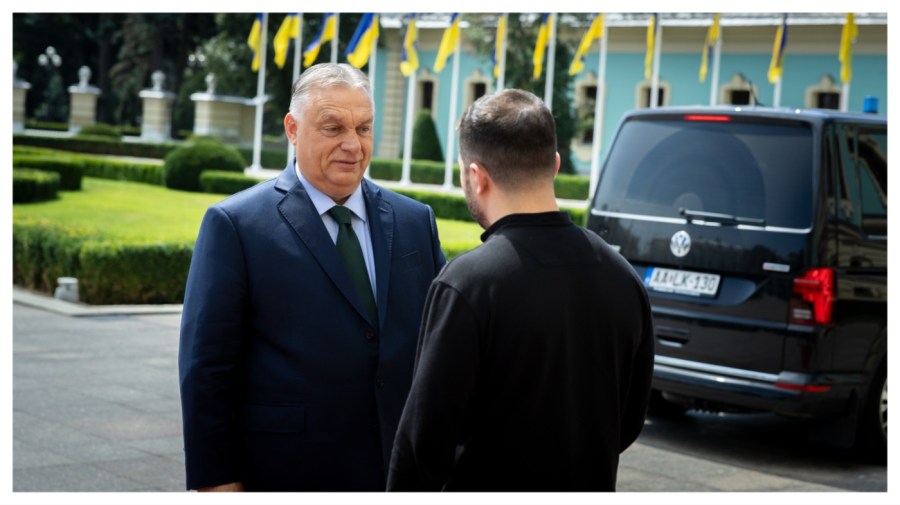 In this photo issued by the Hungarian PM's Press Office, Ukrainian President Volodymyr Zelenskyy, right, welcomes Hungarian Prime Minister Viktor Orban in Kyiv, Ukraine, Tuesday, July 2, 2024. (Zoltan Fischer/Hungarian PM's Press Office/MTI via AP)