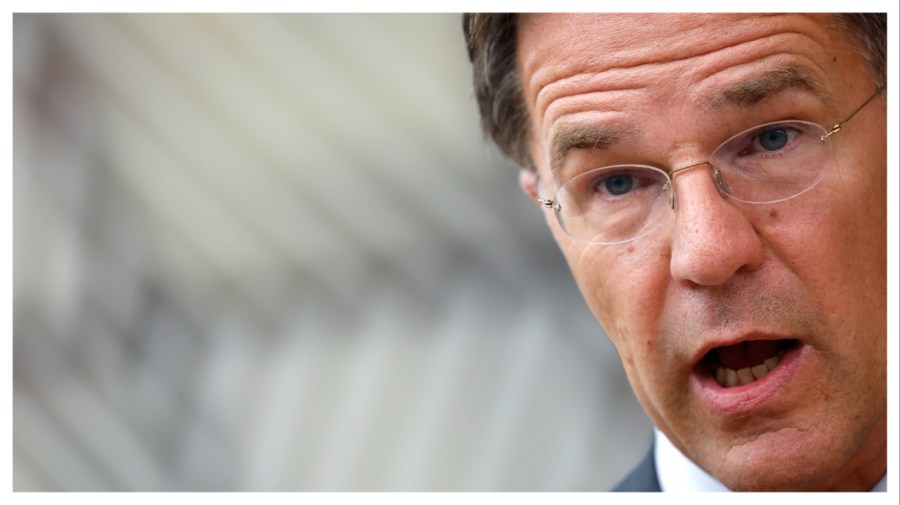 Netherland's Prime Minister Mark Rutte, the incoming NATO chief, speaks with the media as he arrives for an EU summit in Brussels, Thursday, June 27, 2024. (AP Photo/Geert Vanden Wijngaert)