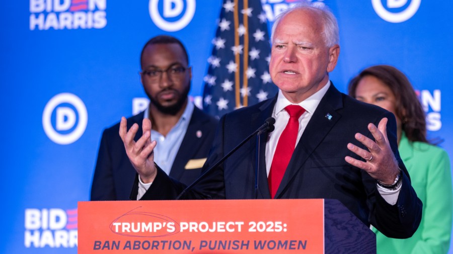 Minnesota Gov. Tim Walz speaks at a Biden-Harris campaign and DNC press conference on July 17, 2024 in Milwaukee, Wisconsin. The press conference was held to address Project 2025 and Republican policies on abortion. (Photo by Jim Vondruska/Getty Images)