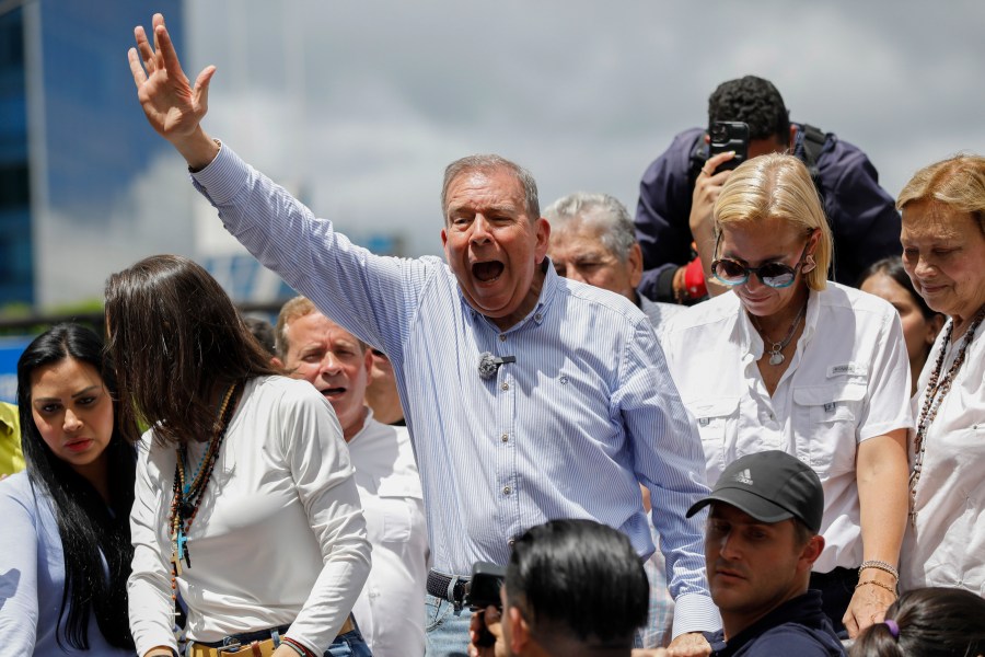 Opposition presidential candidate Edmundo Gonzalez leads a demonstration against the official election results that declared that President Nicolas Maduro won reelection in Caracas, Venezuela, Tuesday, July 30, 2024. (AP Photo/Cristian Hernandez)