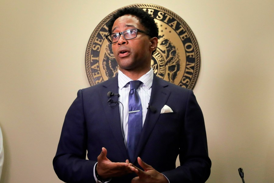 FILE - St. Louis County Prosecutor Wesley Bell speaks during a press conference, Wednesday, May 1, 2019, at the Buzz Westfall Justice Center in Clayton, Mo. The American Israel Public Affairs Committee’s super PAC, United Democracy Project, has spent more than $7 million million to unseat U.S. Rep., Bush in her Aug. 6,. 2024, Democratic primary against St. Louis County Prosecuting Attorney Wesley Bell, according to federal campaign finance records. (Laurie Skrivan/St. Louis Post-Dispatch via AP, File)