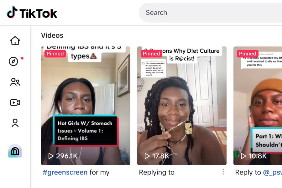 This Thursday, Aug. 1, 2024, image shows some of Lauren Bell's videos on the TikTok social media website. Bell, who takes over-the-counter medications occasionally to treat her symptoms, first started posting on Instagram about her struggle with IBS – how isolating it was and how she felt like she was having to rearrange her life and diet around her food sensitivities – and sharing her diagnosis with her friends (AP Photo)