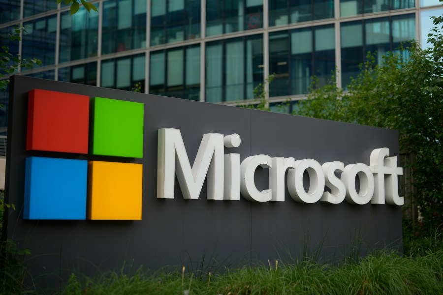 FILE - The Microsoft logo is displayed outside its French headquarters in Issy-les-Moulineaux, outside Paris, May 13, 2024. (AP Photo/Thibault Camus, File)