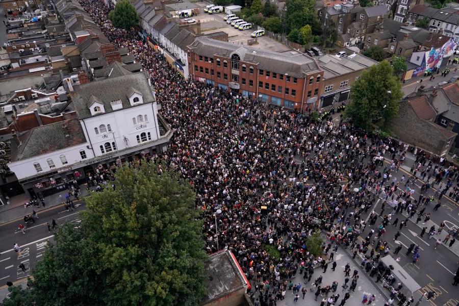 General view of people gathering to protest against a planned far-right anti-immigration protest in Walthamstow, London, Wednesday, Aug. 7, 2024 .(AP Photo/Alberto Pezzali)(AP Photo/Alberto Pezzali)