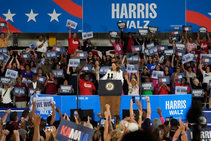 Democratic presidential nominee Vice President Kamala Harris speaks at a campaign rally Wednesday, Aug. 7, 2024, in Romulus, Mich. (AP Photo/Carlos Osorio)