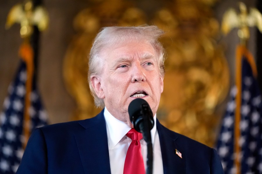 Republican presidential nominee former President Donald Trump speaks to reporters at his Mar-a-Lago estate Thursday, Aug. 8, 2024, in Palm Beach, Fla. (AP Photo/Alex Brandon)