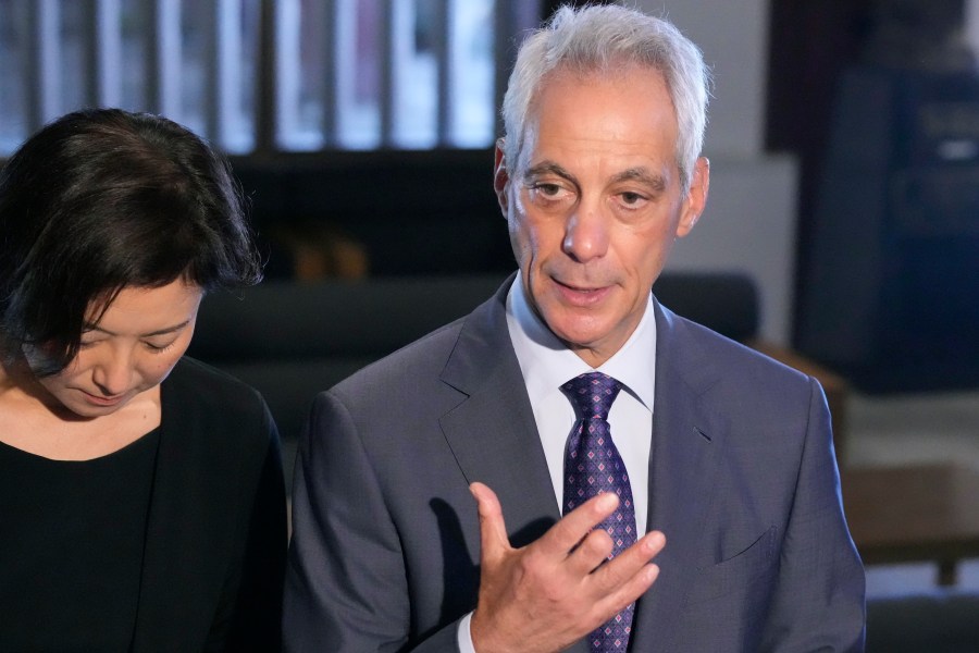 U.S. Ambassador to Japan Rahm Emanuel, right, speaks to the media after attending an annual ceremony at the Zojoji temple to honor the Nagasaki atomic bombing victims, in Tokyo, Friday, Aug. 9, 2024. (AP Photo/Shuji Kajiyama)