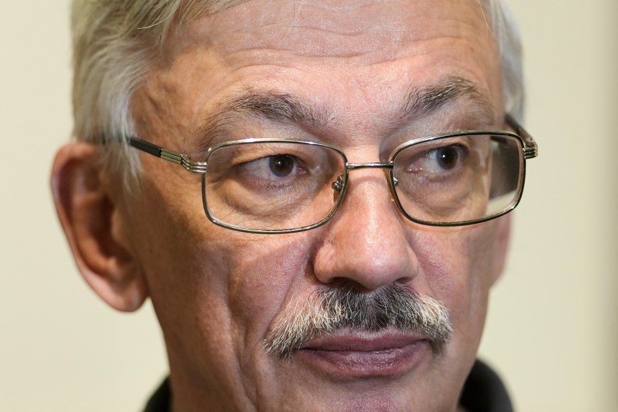 Oleg Orlov, co-chair of the Nobel Peace Prize-winning human rights group Memorial, listens to questions during an interview with The Associated Press in Berlin, Germany, Thursday, Aug. 8, 2024. (AP Photo/Markus Schreiber)