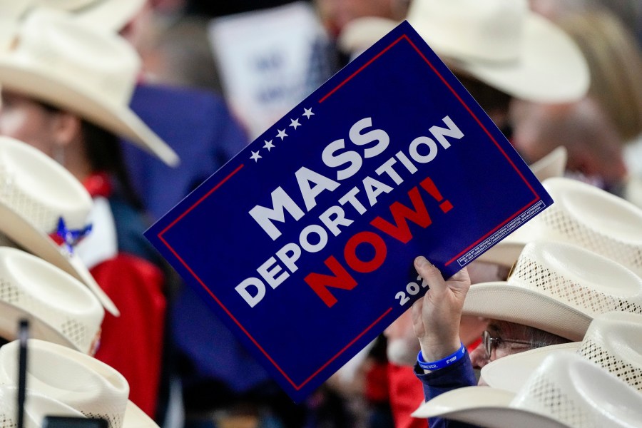 FILE - A member of the Texas delegation holds a sign during the Republican National Convention July 17, 2024, in Milwaukee. (AP Photo/Matt Rourke, File)