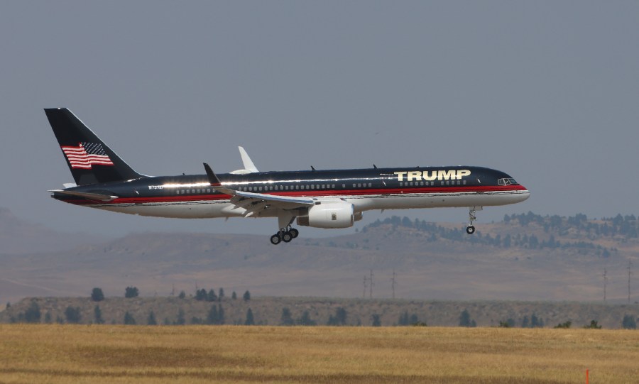 Former President Donald Trump's Boeing 757 arrives at the Billings Logan International Airport in Billings, Mont., on Friday afternoon, Aug. 9, 2024, enroute to Bozeman. (Larry Mayer/The Billings Gazette via AP)