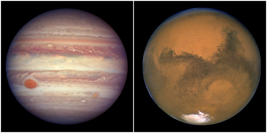 This combination image, created from two photos provided by NASA, shows Jupiter pictured on April 3, 2017, left, and Mars pictured on Aug. 26, 2003, right. (NASA via AP)