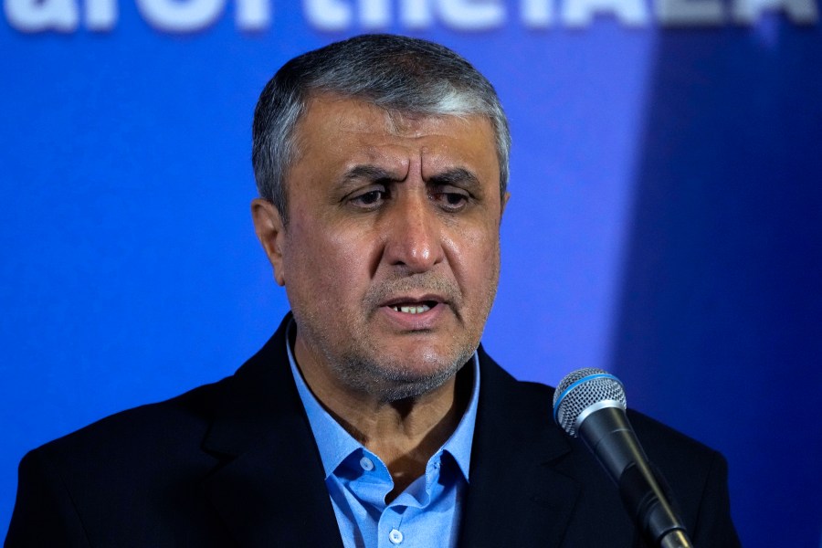 FILE - Head of Iran's atomic energy department Mohammad Eslami speaks during his joint press conference with International Atomic Energy Organization, IAEA, Director General Rafael Grossi after their meeting in the central city of Isfahan, Iran, Tuesday, May 7, 2024. (AP Photo/Vahid Salemi)