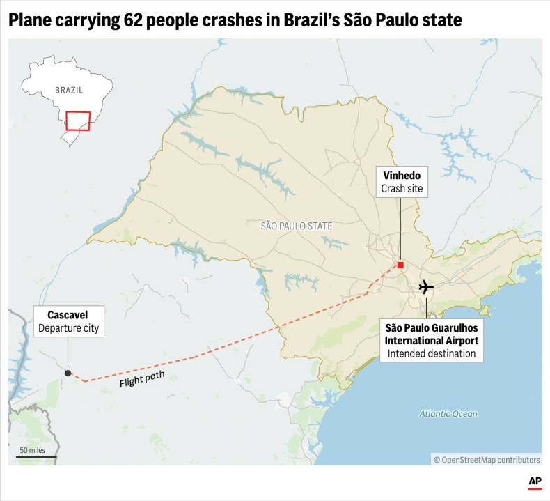 Locator map showing the departure, destination and crash sites of a Brazilian commercial airplane that crashed on Friday Aug. 9, 2024. (AP Digital Embed)