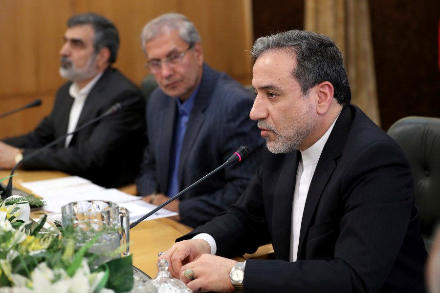 FILE - Iran's Deputy Foreign Minister Abbas Araghchi, right, speaks in a press briefing in Tehran, Iran, on July 7, 2019. Iranian President Masoud Pezeshkian on Sunday, Aug. 11, 2024 proposed former nuclear negotiator Abbas Araghchi as the country’s new foreign minister. (AP Photo/Ebrahim Noroozi)