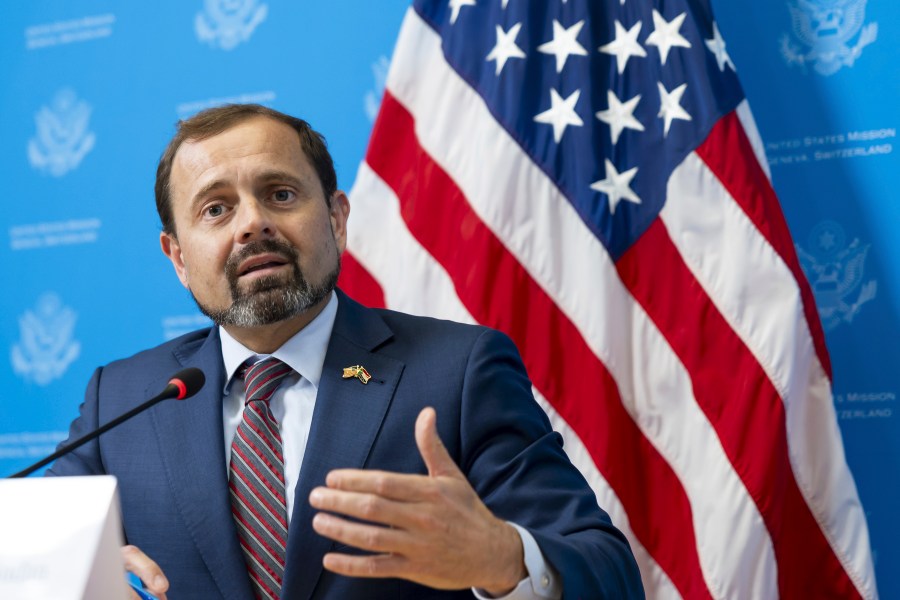 U.S. Special Envoy for Sudan Tom Perriello talks to the media about talks aimed on Sudan during a press briefing at the U.S. Mission in Geneva, Switzerland, Monday, Aug. 12, 2024. Perriello traveled to Switzerland to lead the United States delegation at talks aimed at a cessation of hostilities in Sudan. The talks are scheduled to start on Wednesday, Aug. 14. (Salvatore Di Nolfi/Keystone via AP)